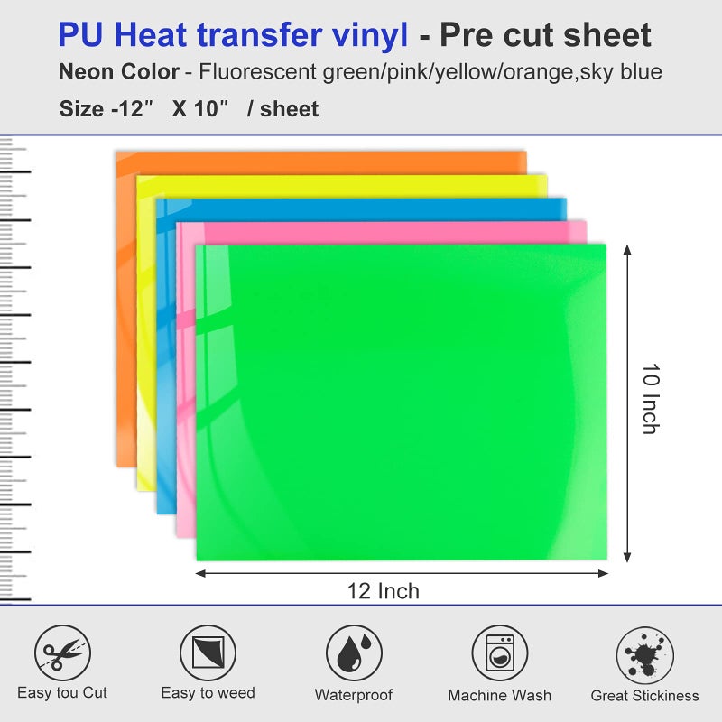 KISSWILL Neon HTV Heat Transfer Vinyl - 5 Colors 10 Pack 12"x10" Neon Color HTV Iron on Vinyl, Easy to Weed HTV Vinyl Compatible with Silhouette Cameo (Neon Green/Yellow/Pink/Blue/Orange) - Image 3